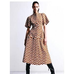 NWOT Paradis Womens Leah Wave Striped Midi Dress Size Medium Retro Boho Artsy